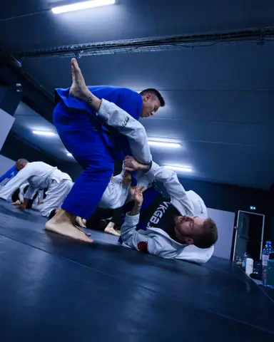 Passage de garde entre un kimono bleu et un kimono blanc, d'autres binômes à l'entraînement derrière